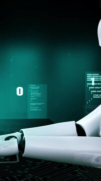 Futuristic robot artificial intelligence huminoid AI programming coding technology development and machine learning concept. Robotic bionic science research for future of human life. 3D rendering.