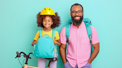 Happy Family Ready for Adventure: Girl with Helmet, Backpacks, and Bicycle