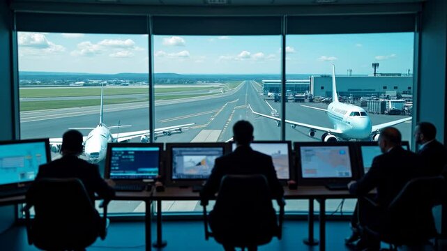 Professionals monitor air traffic from a control center, observing planes on the runway as they coordinate flights and safety