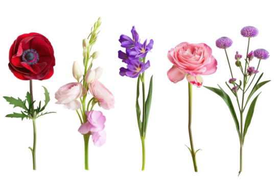 A vibrant arrangement of delicate flowers showcasing nature's beauty on a soft backdrop in early spring isolated on transparent background