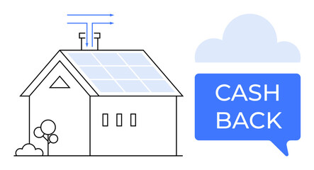 House with solar panels on roof, surrounded by abstract lines, trees, cash back speech bubble. Ideal for energy savings, sustainability, green energy, eco-friendly homes, financial savings renewable