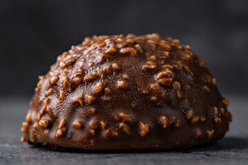 Close-up of a Chocolate Ice Cream Dessert with Layers of Caramel and Nuts on a Dark Stone Background