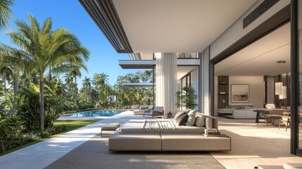 Luxury villa patio, pool view, tropical garden, indoor-outdoor living, real estate