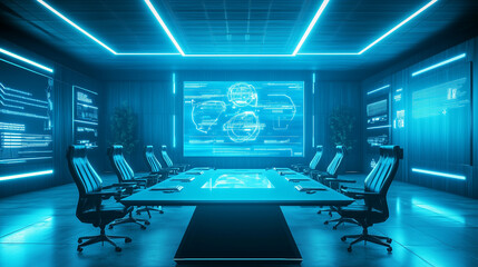 High-tech conference room with digital displays and sleek chairs.