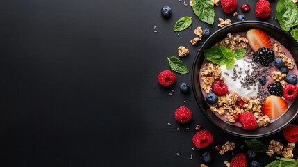Fototapeta premium Delicious berry smoothie bowl with granola, yogurt, and fresh fruit. Healthy breakfast