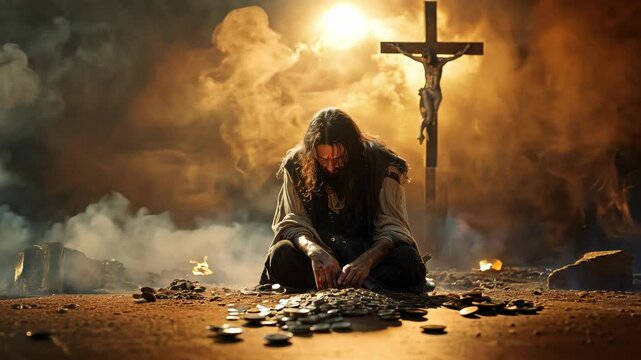Judas betrays Jesus: moment of silver, act of betrayal, tragic scene, redemption symbol, Christ crucifixion, hope and loss, sorrow and consequence, divine sacrifice, faith trial, eternal meaning.