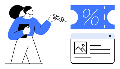 Woman holding clipboard and ticket, near a web page element with image and discount symbol. Ideal for e-commerce, discounts, promotions, online marketing, user interaction, sales concepts, website