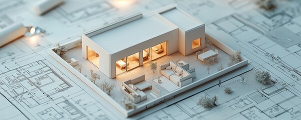 A 3D-rendered small house model placed on a detailed architectural floorplan
