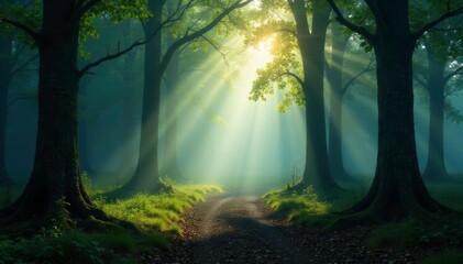 Obraz premium Shadows of trees stretch across misty forest floor, shadowy terrain, mystical woods, tree shadows