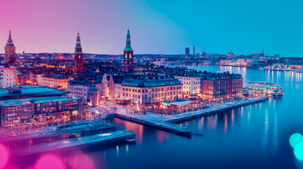 Obraz premium Scenic twilight cityscape: illuminated buildings, waterfront, and boats at dusk