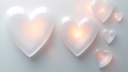 Frosted glass hearts in muted tones of pink and white with diffused edges float on a gradient gray background, blending elegance and serenity for Valentine's themes.