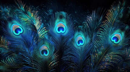 Intricate peacock feathers radiate vivid shades of blue and green, showcasing unique patterns and shimmering highlights against a dark background, creating a stunning visual effect