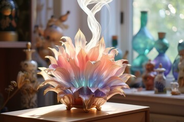 Naklejka premium Lotus flower shaped incense burner releasing scented smoke, creating a relaxing atmosphere in a sunlit room