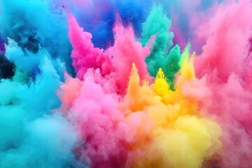 Rainbow hued powder explosion background with colorful splatters and smoke effects featuring textures and stains in various shades