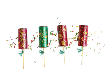 Colorful party poppers set against a white background create a festive atmosphere perfect for celebrations and joyful gatherings isolated on transparent background