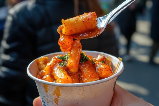 Spicy gochujang covered eomuk is scooped from a cup with a spoon alongside tteokbokki representing Korean street food