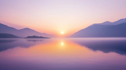 Fototapeta premium Gentle hues of orange and pink illuminate the sky as the sun rises over a calm lake. Surrounding mountains reflect peacefully in the water at dawn, creating a picturesque view
