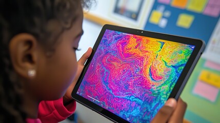 Interactive tablet learning students explore stem concepts in a classroom environment