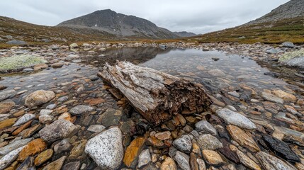 Mountain lake reflection, log in shallow water, autumn landscape, nature photography, website banner