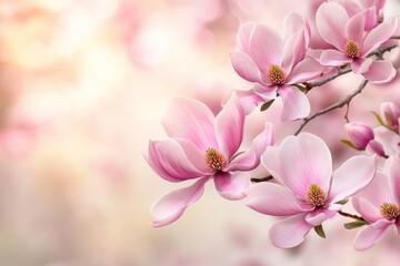 Fototapeta premium Delicate pink magnolia blossoms bloom gracefully against a softly blurred background, showcasing their intricate petals and golden centers, creating a tranquil and beautiful atmosphere