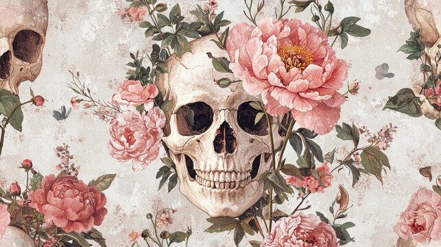 A detailed composition features a realistic skull entwined with vibrant pink flowers and delicate greenery, showcasing a juxtaposition of life and death in a unique artistic style