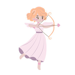 Flat-style illustration of a graceful cupid girl with orange hair, wearing a pastel dress, holding a heart-shaped bow and arrow. Perfect for Valentine's Day, and love-themed designs.
