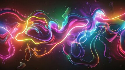 Bright glowing lines in various colors drift across a dark background, creating an enchanting atmosphere. Swirling shapes and vibrant hues blend seamlessly, captivating the viewer's attention