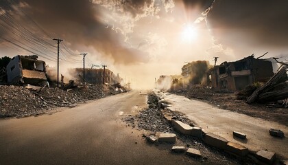 지진으로 인해 도로가 갈라지고 건물들이 무너져 내리는 장면,