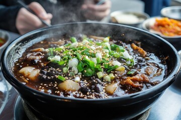 Tasty Korean noodles with thick black bean sauce