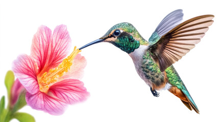 Fototapeta premium Vibrant hummingbird feeding on pink hibiscus flower