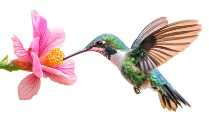 Obraz premium Vibrant hummingbird hovering beside pink flower