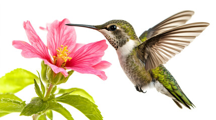 Naklejka premium Hummingbird hovering near vibrant pink flower