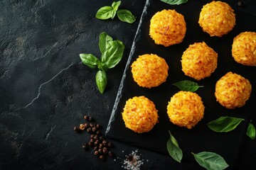 Tasty saffron rice balls with melted cheese served on a black slate tray overhead close up