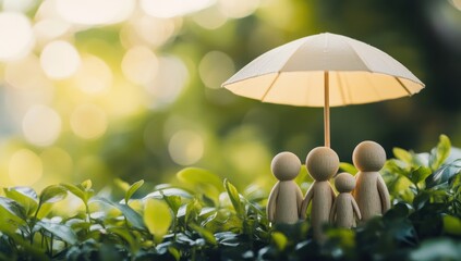 Family Protection: Wooden Figurines Under Umbrella in Lush Greenery