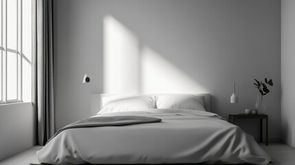 Minimalist bedroom interior with cozy bed, soft light, and modern decor