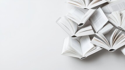 Open books scattered on white background; education concept