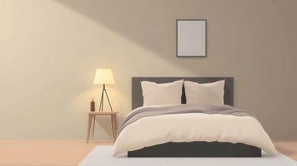Minimalist bedroom interior with bed, lamp, and wall art