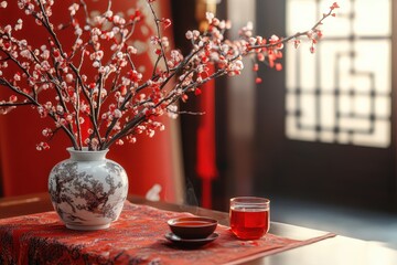 Tea and branches in a vase on a table in a living room set for Chinese New Year