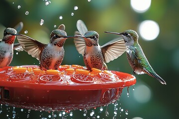 Artistic rendering a group hummingbirds hovering around a bright red feeder, wings a blur