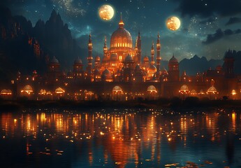 Fototapeta premium Fantasy cityscape at night with illuminated domes, reflecting on water under a starry sky with two moons