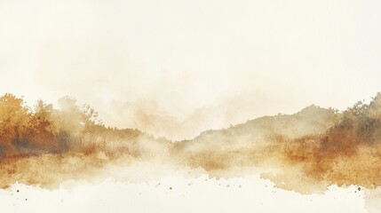 A tranquil landscape displays soft golden hues reflecting on water, with fog gently enveloping distant mountains during dawn. Nature embodies peace and serenity