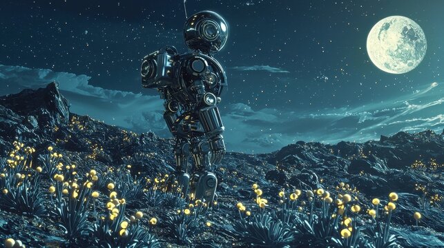A metallic robot stands in a vibrant alien landscape filled with glowing flowers, gazing at a bright full moon in a star-filled sky. The atmosphere is otherworldly and serene