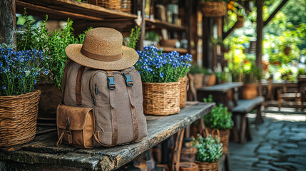 Hat is placed on a wooden table next to a backpack. The table is surrounded by potted plants and baskets. The scene has a rustic and cozy atmosphere