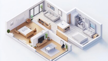 A detailed 3D plan and three isometric views of a furnished house, showing its layout from various angles.