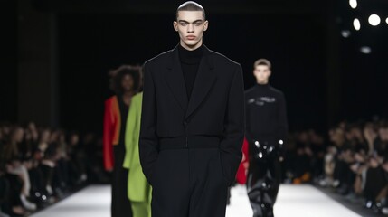 Young male model walking on fashion runway 