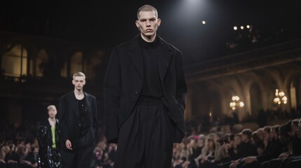 Young male model walking on fashion runway 