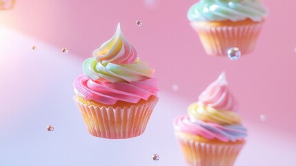 A whimsical set of cupcakes with multicolored frosting suspended in mid-air, each with vibrant, glossy icing, tiny edible pearls floating around them, illuminated by soft light against a pastel-colore