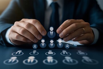 Human Resource Management concept with icons representing recruitment, leadership, and customer-focused team development