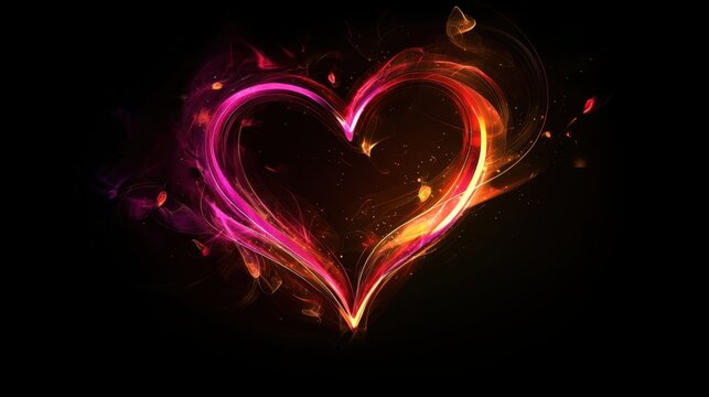 A glowing heart shape radiates vibrant pink and orange hues, surrounded by wisps of light. The bright colors create a dynamic energy against a dark backdrop