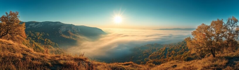 Misty Mountain Sunrise: Serene Autumn Panorama